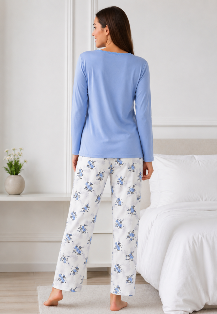 Pijama de damă cu bluză cu maneca lunga și pantaloni lung -Bleu,Engros